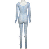 Perspective Hollow High Waisted Jacquard Tight Fitting Long Sleeved Lace Jumpsuit