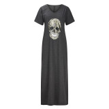 Skull Print V-neck Short Sleeved Slit Pocket Dress