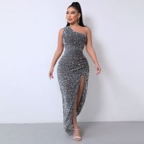 Sequin One Shoulder Split Solid Color Slim Fit Dress