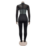 Solid Color Mesh Hot Diamond Long Sleeved Jumpsuit