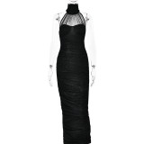 Hanging Neck Backless Silver Tight Fitting Dress Long Skirt