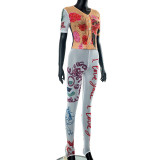 Printed Mesh Tight Fitting Cardigan Top and Pants Casual Set