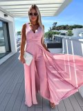 Front and Rear Deep V-shaped Wide Leg Sleeveless Jumpsuit