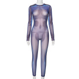 Perspective Mesh Patchwork Back Zipper Round Neck Long Sleeved Jumpsuit