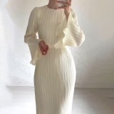 Long Skirt Temperament Pleated Flared Sleeves Medium Length Dress