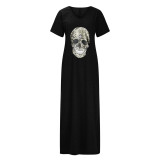 Skull Print V-neck Short Sleeved Slit Pocket Dress
