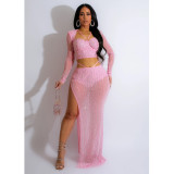 Solid Color Mesh Hot Diamond Long Sleeved Long Skirt Two-piece Set
