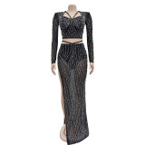 Solid Color Mesh Hot Diamond Long Sleeved Long Skirt Two-piece Set