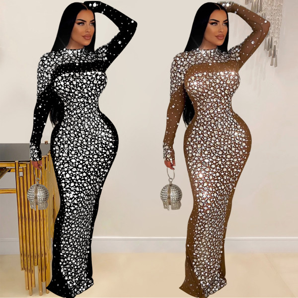 Solid Color Mesh Hot Diamond Long Sleeved Dress