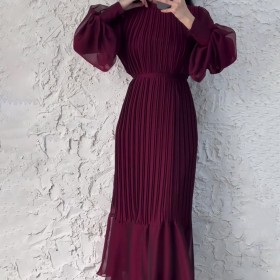 Solid Color Dress Long Pleated Skirt