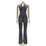 Solid Color Hot Diamond Sleeveless Hanging Neck Long Pants Jumpsuit