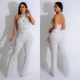 Solid Color Hot Diamond Sleeveless Hanging Neck Long Pants Jumpsuit