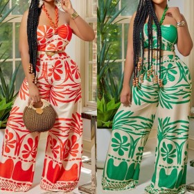 Bra Roman Fabric Two-piece Pants Set with Hanging Neck Beads