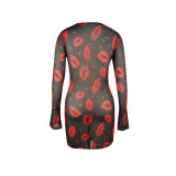Red Lip Printed Perspective Mesh Dress