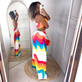 Printed Patchwork Backless Hollow Elastic Neck Hanging Long Skirt