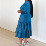 Large Size Women's Denim Dress with Pleated Skirt Including Belt