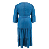 Large Size Women's Denim Dress with Pleated Skirt Including Belt