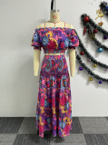 Printed One Shoulder Patchwork Long Skirt Two-piece Set
