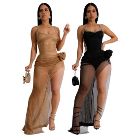 Hot Diamond Camisole Jumpsuit with High Slit and Transparent Mesh Skirt, Two-piece Set