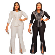 Hot Diamond Slim Fit Two-piece Set with Long Sleeved Round Neck and Half Sleeved Top Paired with Split Pants