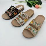 Ethnic Style Woven Double Button Cork Slippers Casual Beach Flat Bottomed Flip Flops