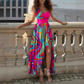 Diagonal Shoulder Printed Solid Color Dress