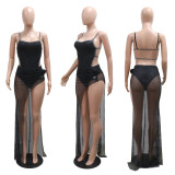 Hot Diamond Camisole Jumpsuit with High Slit and Transparent Mesh Skirt, Two-piece Set