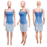 Open Back Suspender Wrapped Buttocks with Raw Edges Denim Dress