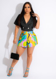 V-neck Double Breasted Small Suit Short Sleeved Top Printed Shorts Set