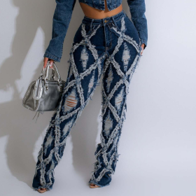 High Elastic Denim with Distressed Plaid Pattern and Loose Micro Flared Jeans