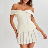 Off Shoulder Double Breasted Top Pleated Short Skirt Set