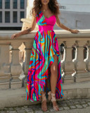 Diagonal Shoulder Printed Solid Color Dress