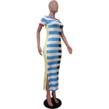 Round Neck Short Sleeved Slit Patchwork Striped Dress