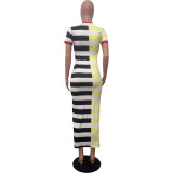Round Neck Short Sleeved Slit Patchwork Striped Dress