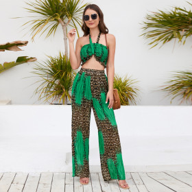 Bra Top with Hanging Neck Printed Wide Leg Pants Casual and Fashionable Pants Set