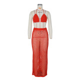 Knitted Hollow Out Beach Top Sexy Mesh Perspective Two-piece Set