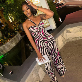 Printed Sexy Neck Hanging Sleeveless Chest Wrap Jumpsuit