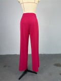 Stand Up Collar Breasted Sleeveless Waistband Tied Top Wide Leg Pants Set
