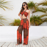 Bra Top with Hanging Neck Printed Wide Leg Pants Casual and Fashionable Pants Set