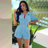 Button Zipper Bubble Sleeve Pocket Loose Short Sleeved Cardigan Shorts Two-piece Set