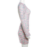 Open Back Knitted High Waisted Contrasting Slim Fit Long Sleeved Buttocks Wrapped Dress
