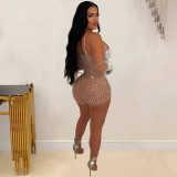 Solid Color Mesh Hot Diamond Perspective Shorts Jumpsuit