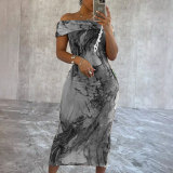 One Shoulder Printed Sleeveless Elastic Hip Wrap Dress