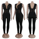 Solid Color Perspective Elastic Tight Fitting Buttocks Jumpsuit