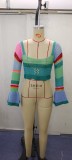 Square Necked Colorful Striped Handmade Crochet Long Sleeved Top