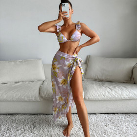 Three Piece Printed Wrap Skirt Split Fashionable Printed Swimsuit
