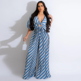 V-neck Pleated Trendy Printed Casual Jumpsuit