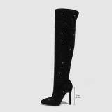 Rhinestone Knee High Boots with Pointed Side Zipper