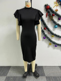 Solid Color Buttocks Wrapped Elastic Sleeveless Lace Dress with Tight Fitting Skirt