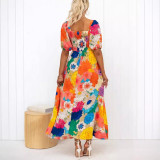 V-neck French Printed Bubble Sleeve Casual Vacation Dress